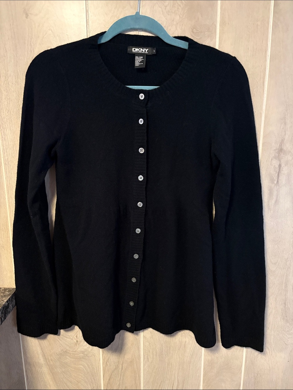 DKNY Women's Black Button-Up Crewneck Cardigan Peplum Lambs Wool Cashmere Size S